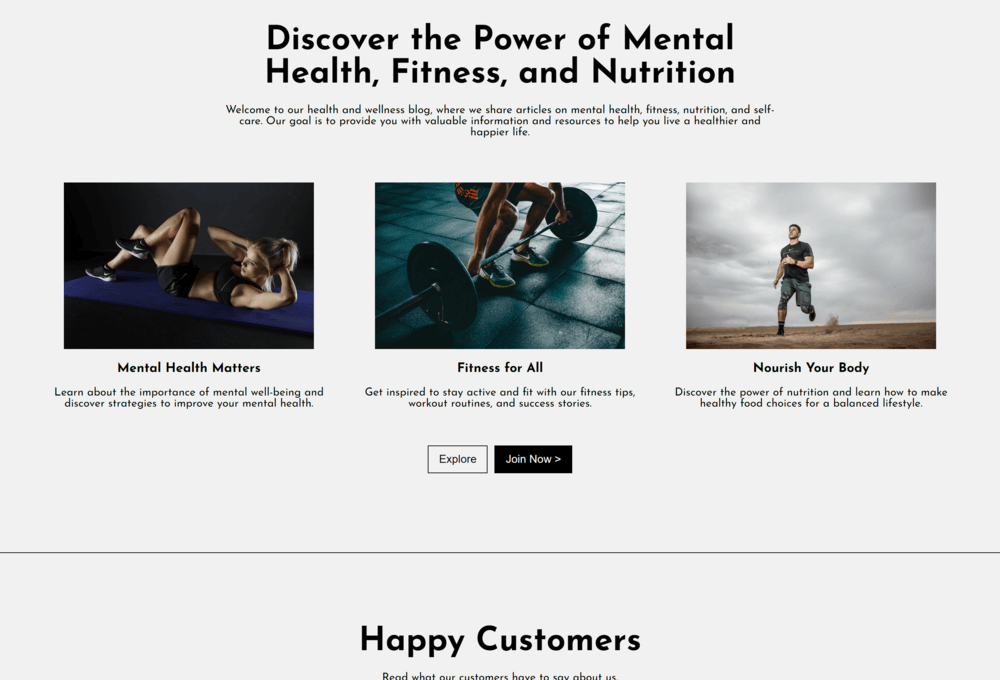 Health website landing page
